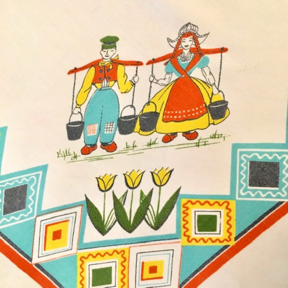 Mid Century Tablecloth Dutch Holland Motif Tulips